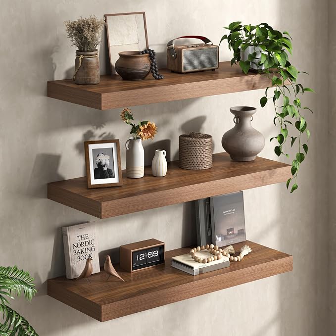 36Inch Walnut Floating Shelves for Wall, 12 Inch Deep Shelves for Bedroom
