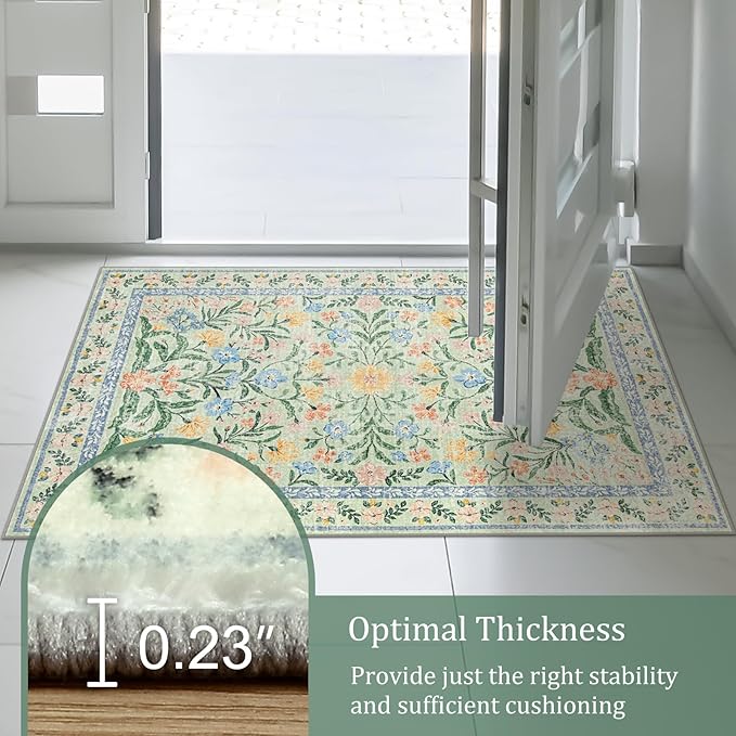 Morebes Boho Washable 6x9 Area Rugs for Living Room, Soft Vintage Floral Girls Bedroom Rug Non Slip, Indoor Floor Carpet for Nursery Kids Playroom Home Office, Green/Multi