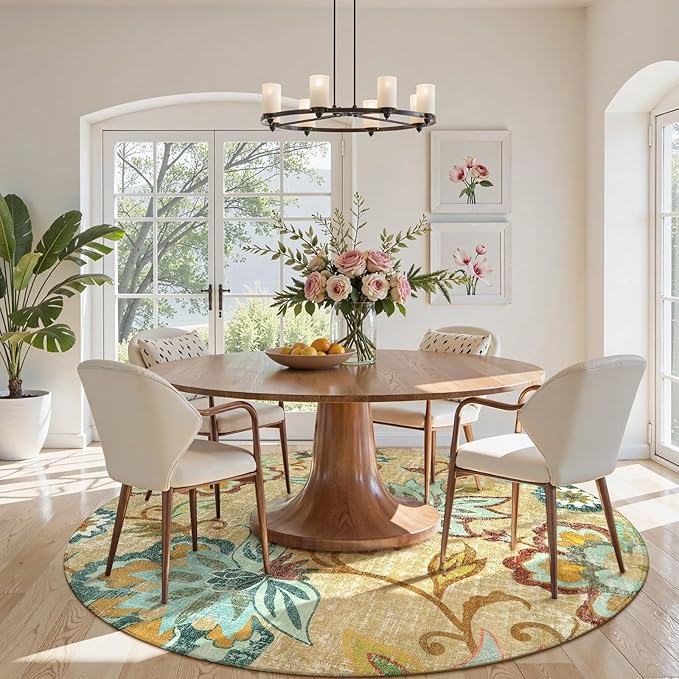 Lahome Floral Round Area Rugs 5Ft - Washable Soft Large Round Rugs for Living Room Non-Slip Throw Lightweight Round Kitchen Rugs, Boho Beige Paisley Print Circle Rugs for Bedroom Office Dining Room