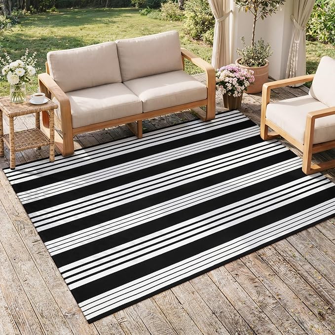 OJIA Black and White Outdoor Rug 4'x6' Cotton Woven Patio Rug Machine Washable Front Door Mat Outdoor Area Rugs Floor Mat for Farmhouse/Front Porch/Balcony/Entryway/Deck/Home Entrance Decor