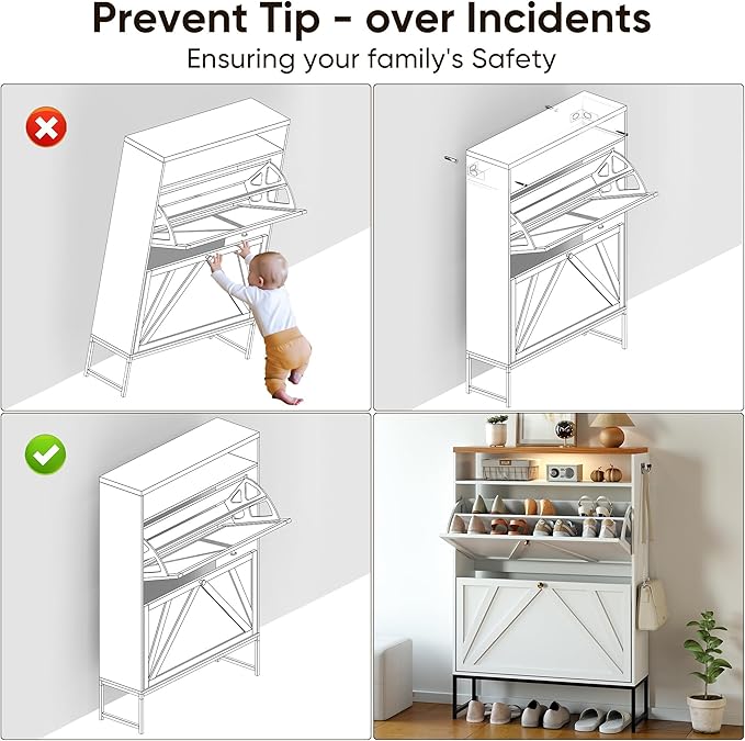PARTPHONER Shoe Storage Cabinet with 2 Flip Drawers, Modern Hidden Shoe Storage Organizer, Narrow Wooden Freestanding Shoe Rack with Motion Sensor Light, Hallway, Foyer, White