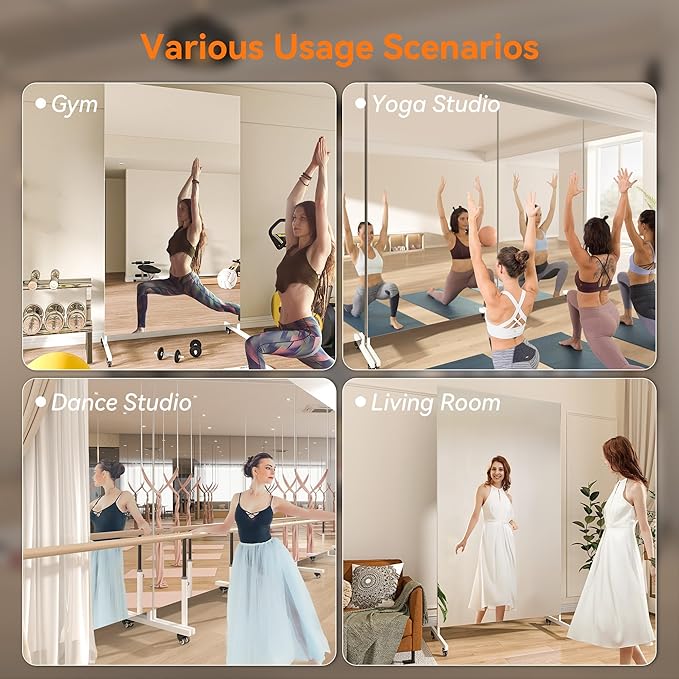 Hasipu Home Gym Mirror 360° Swivel on Wheels, 71" x 36" Extra Large Full Body Rolling Mirror for Yoga Studio, Bedroom, Dancing Studio, White