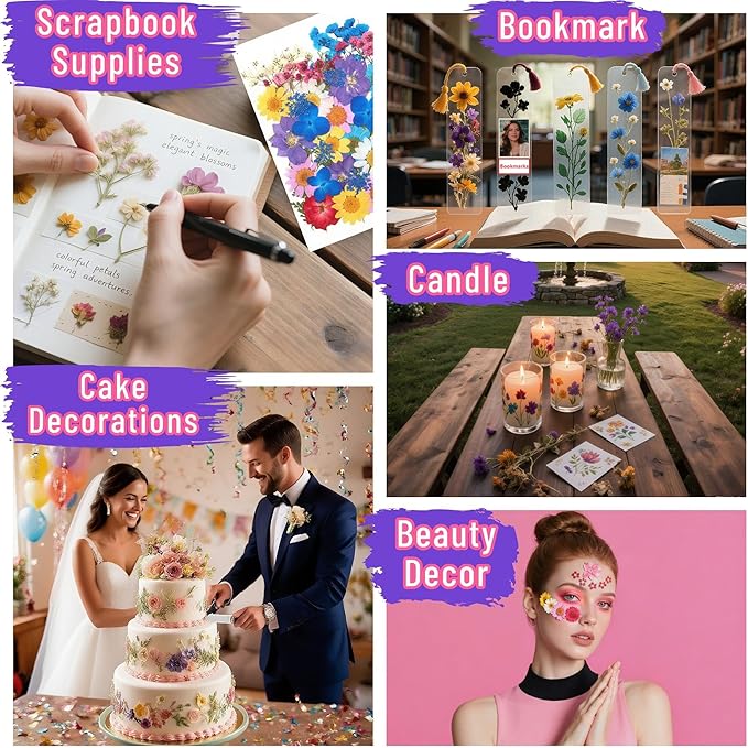 Tessera 160+ Pcs Real Pressed Flowers for Resin & Crafts - 4 Themed Dried Flower Sheets with 4-Piece DIY Tool Kit - for Resin Jewelry Making, Scrapbooking Supplies, Nail Art, Candle & DIY Gifts