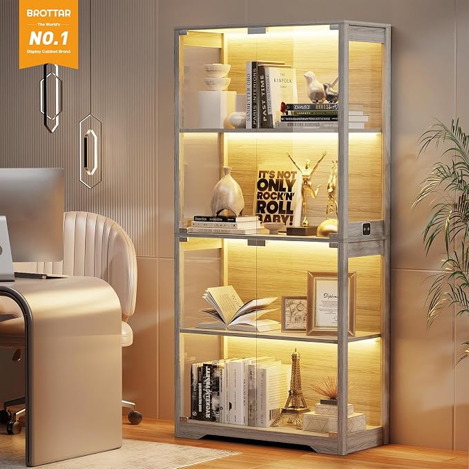 BROTTAR Display Cabinet with Glass Doors, 4-Tier Curio Cabinet with 3 Color