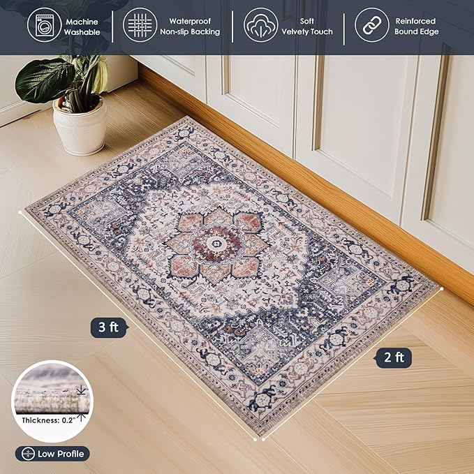 PURRUGS Vintage Farmhouse Boho Throw Rug 2x3 ft, Non-Slip Machine Washable Rug, Accent Oriental Area Rug for Entryway, Kitchen, Bedroom, Living Room and Dining Room, Coral Red/Marine Blue