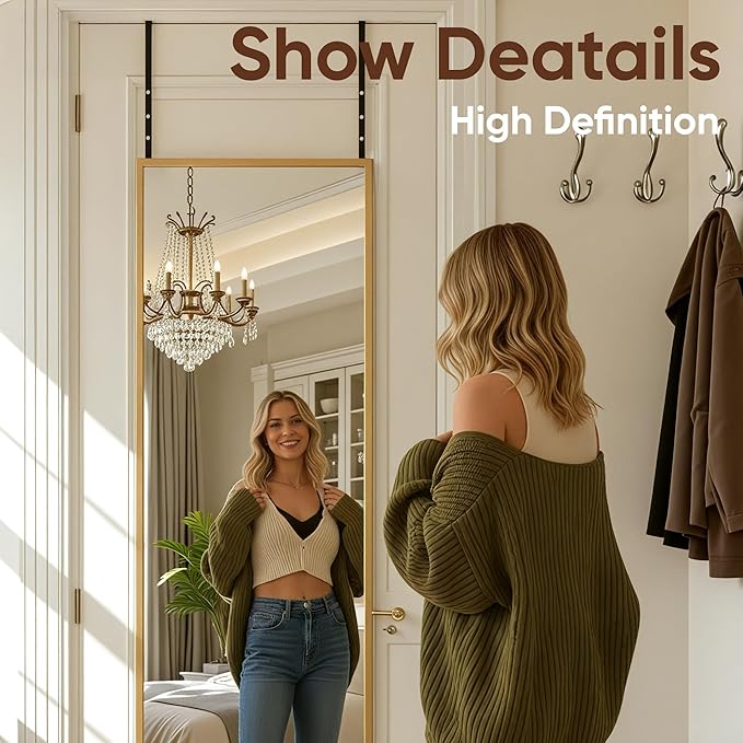Antok 58''x 20'' Full Length Mirror Over Door, 4-in-1 Standing Leaning Wall Mounted, Adjustable Hanging Mirror for Bedroom Living Room, Gold, Rect Corner