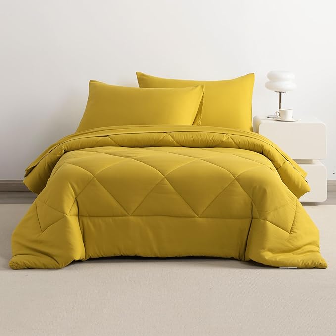 NTBAY Twin Comforter Set with Sheets, 5 Pieces Soft and Breathable Twin Bedding Set, Twin Bed in a Bag, Down Alternative Comforter Set Solid Color All Season, Kids Bedding Set, Yellow