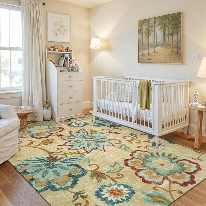 Lahome Floral Washable Rug for Living Room - Area Rugs 5x7 Non-Slip Lightweight Bedroom Throw Soft Kid Room Nursery Carpet, Boho Beige Paisley Print Indoor Carpet for Office Dining Room Kitchen