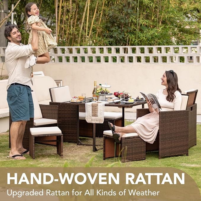 Devoko 9 Pieces Patio Dining Sets Outdoor Space Saving Rattan Chairs