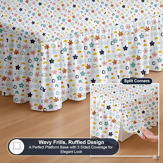 Cottington Lane Ruffled Bed Skirt Full Size with Split Corner, Brushed Microfiber Hotel Quality Dust Ruffle, 16 Inch Drop Gathered Bedskirt, Soft, Stylish, Shrink & Fade Resistant, Rainbow Splash