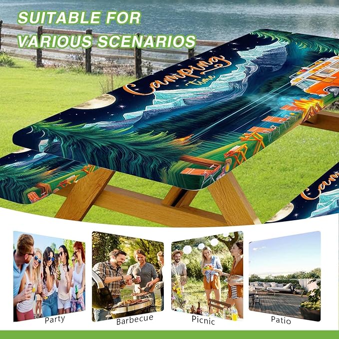 Picnic Table Cover with Bench Covers and Bag, Forest Mountain Lake Fitted Outdoor Table Covers, Camping Essentials, Windproof & Waterproof Tablecloth Cover with Elastic Edge, 3 PCS, 30x72 Inch
