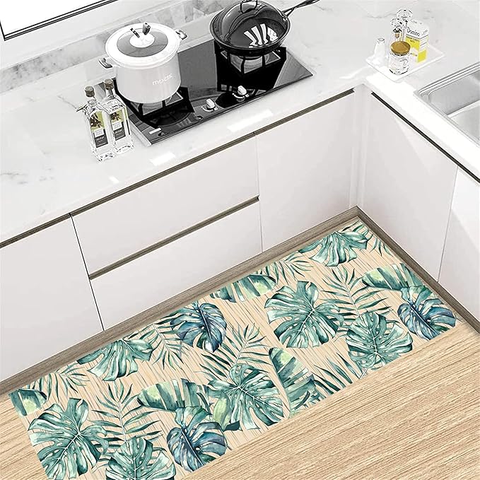 Tropical Palm Leaf Runner Rug 2x7 ft - Green Plant Pattern Non-Slip Rug, Stain Resistant Easy Clean for Hallway, Living Room, Bedroom Floor Mat
