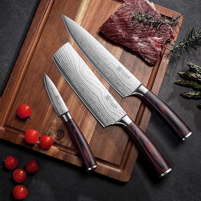 PAUDIN Kitchen Knife Set, 3 Piece High Carbon Stainless Steel Professional Chef Knife Set with Ultra Sharp Blade & Wooden Handle (Kitchen Knife Set 3 Pcs)