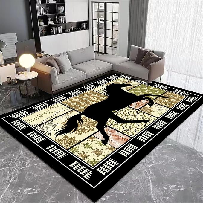 Western Horse Print Rugs 8x10ft,Boho Floral Area Rug, Botanical Print Low Pile Carpet, Stain-Resistant & Machine Washable Non-Slip Mat for Living Room, Bedroom, Dining Room