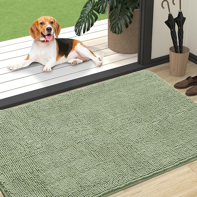 OLANLY Dog Door Mat for Muddy Paws 47x32, Absorbs Moisture and Dirt, Absorbent Non-Slip Washable Doormat, Quick Dry Chenille Mud Mat for Dogs, Entry Indoor Entryway Carpet for Inside Floor, Sage Green