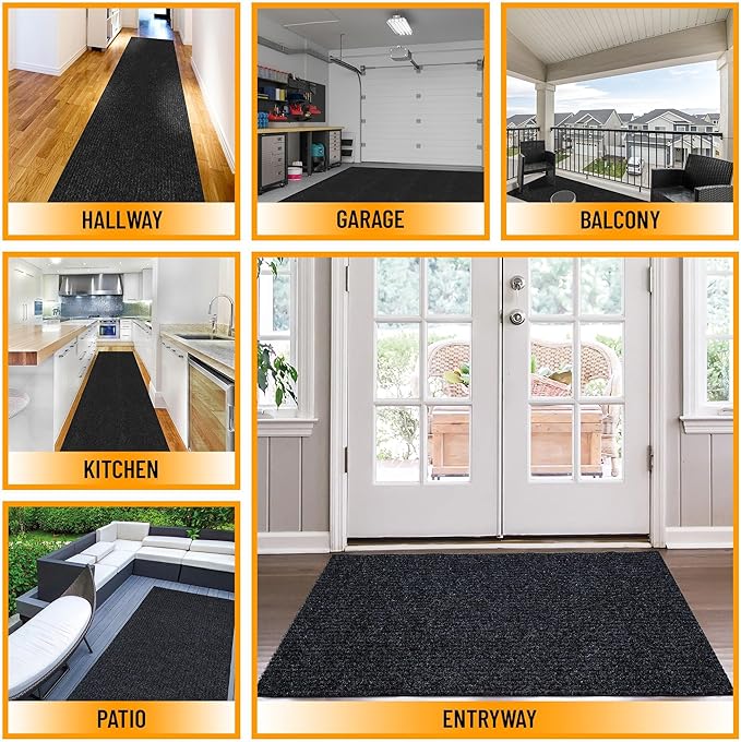 Ottomanson 2'7" x 44' Hallway Runner with Scraper Pile - Extra Durable Non-Slip Rug Mat for Indoor & Outdoor Use - Ideal for Kitchen, Entryway & Garage - High-Traffic Carpet, Black