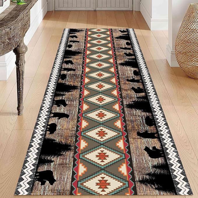 Southwestern Runner Rug, 2x6ft, Rustic Lodge Aztec Country Bear Decorative Runner Rug, Vintage Forest Birch Wild Animal Print Entrance Hallway Rug, Soft Non-Slip Carpet for Living Room Bedroom