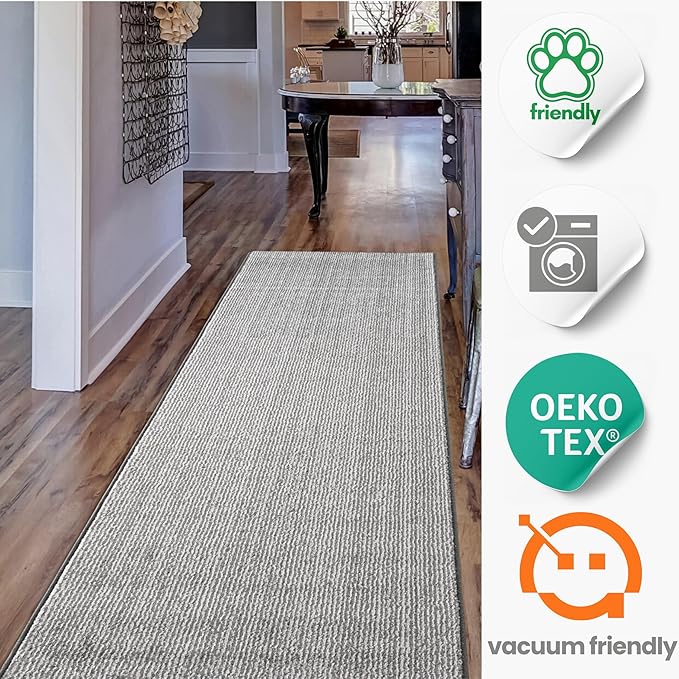 45ft Custom Size Runner Rug by The Foot for Extra Long Hallways - Striped Grey | Non-Slip & Washable | No-Fray Edge Finished