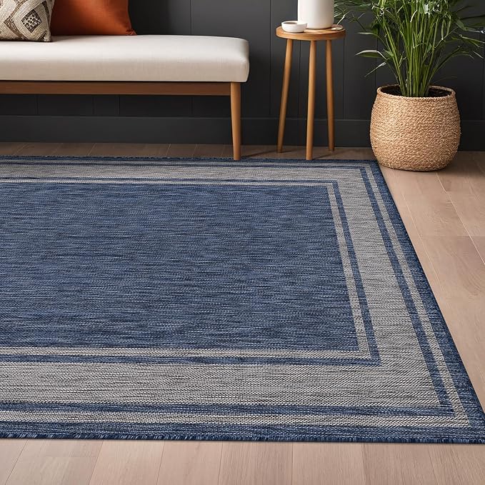 Beverly Rug Large Outdoor Rug 9x12 Modern Bordered Area Rugs for Indoor and Outdoor Patio Deck Porch Garden Waterproof Weather Sun Resistant Washable Outside Carpet (9 x 12 Navy)