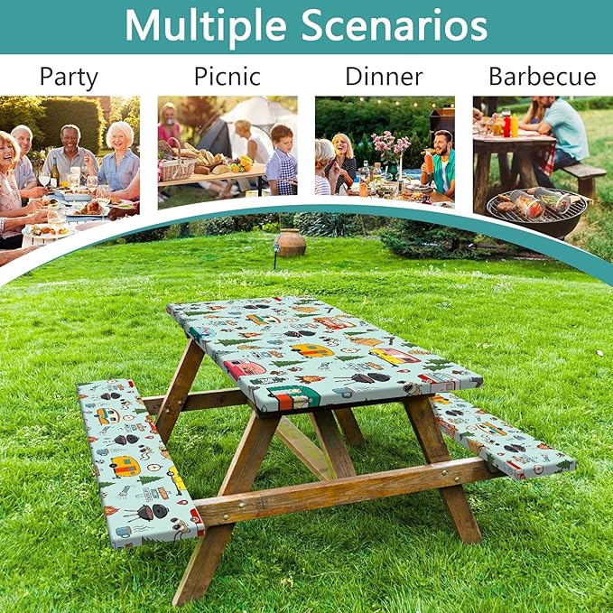 Camping Picnic Table Cover with Bench Covers and Bag, Camping Essentials, Waterproof Windproof Fabric, Fitted Tablecloth Cover with Elastic Edge, for Indoor & Outdoor, Garden, 3 PCS, 30x72 Inch