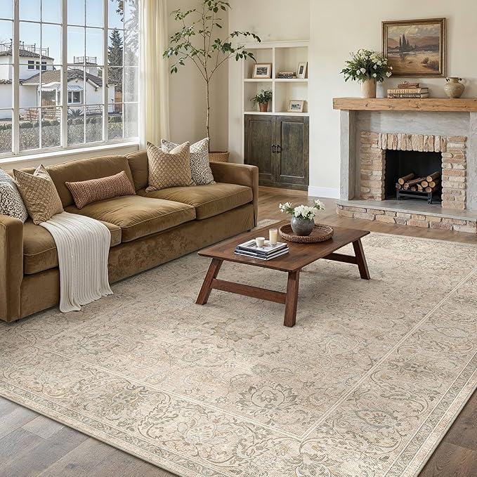 HUGEAR 8x10 Machine Washable Area Rugs Vintage Beige - Neutral Living Room Bedroom Rug Non Slip Stain Resistant Low Pile Aesthetic Throw Carpet Kids & Pet Friendly
