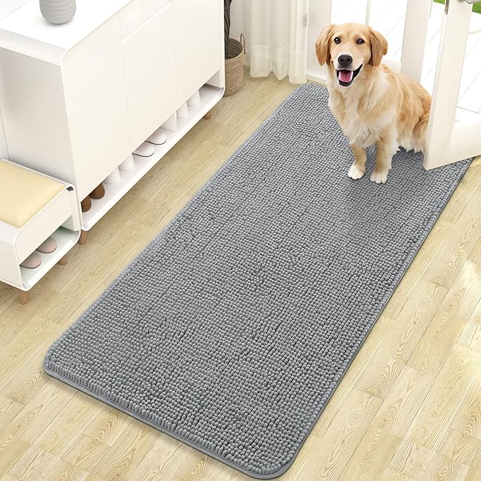 OLANLY Dog Door Mat for Muddy Paws 47x24, Absorbs Moisture and Dirt, Absorbent Non-Slip Washable Doormat, Quick Dry Chenille Mud Mat for Dogs, Entry Indoor Entryway Carpet for Inside Floor, Grey