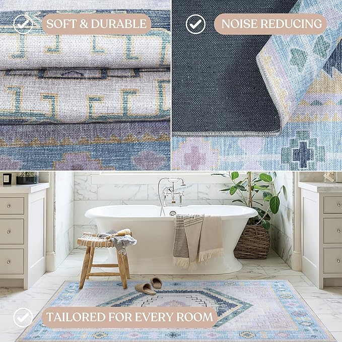 Fame Living Washable Area Rug. Modern Farmhouse. Vintage. Turkish. Bohemian. Distressed. Oriental. Traditional. Rugs for Living Room. Dining. Bedroom. Office. Entryway. Foyer. (856PBl, 2'5" x 6'5")