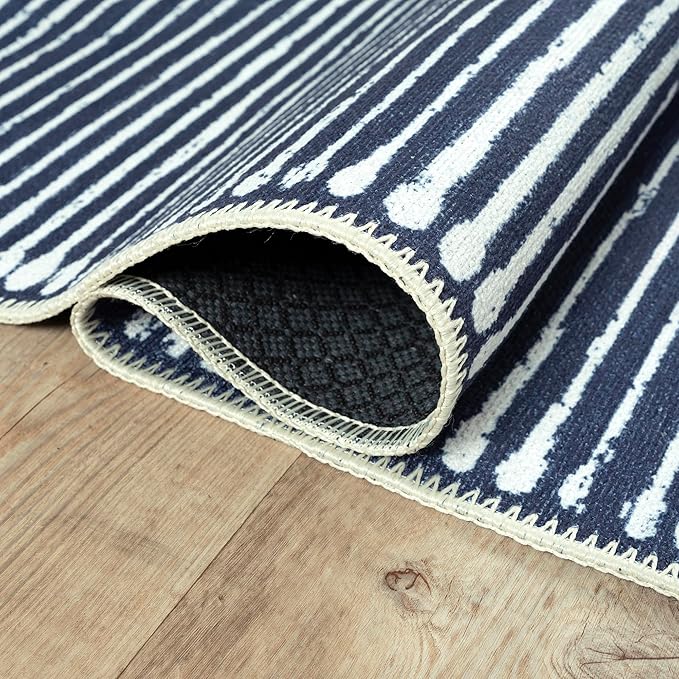 Bloom Rugs Washable Non-Slip 6' x 9' Rug - Blue Striped Area Rug for Living Room, Bedroom, Dining Room, and Kitchen - Exact Size: 6' x 9'