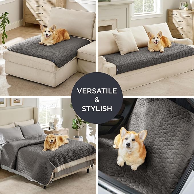 Bedsure 100% Waterproof Bed Cover for Dogs Washable - Non Slip Waterproof Dog Blanket for Bed, Lightweight Furniture Protector Durable for Pet Puppy with Non-Slip Bottom, Dark Grey, 82x102IN