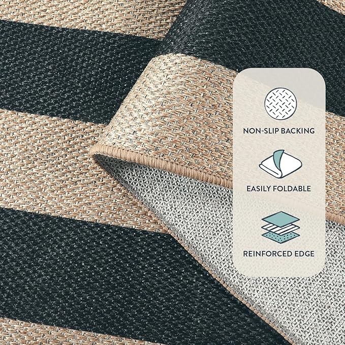 Lahome Striped Easy Jute Outdoor Rug, Washable Rugs 8x10 for Living Room Patio Indoor Outdoor Black Carpet, Farmhouse Neutral Non Slip Non Shedding Floor Carpet for Office Sunroom Dining Room