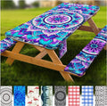 Picnic Table Cover with Bench Covers Vinyl Elastic Edges Fitted Rectangle Tables Seat Waterproof 3-Piece 96X30in Set Outdoor Rectangular Folding Backing Tablecloth Camping Over Size Mandala