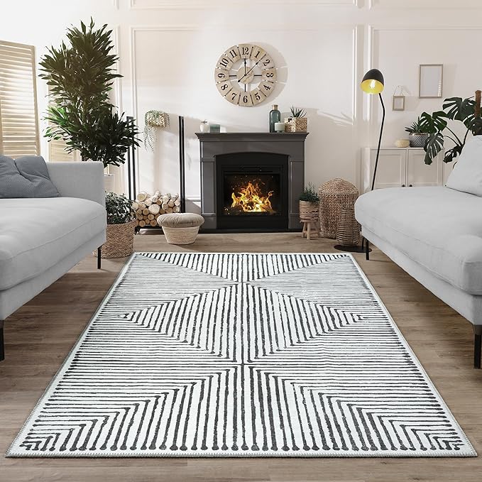 Bloom Rugs Washable Non-Slip 4' x 6' Rug - Black/Ivory Striped Area Rug for Living Room, Bedroom, Dining Room, and Kitchen - Exact Size: 4' x 6'