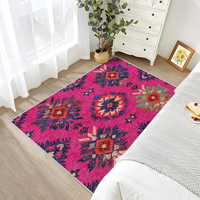 Southwestern Large Rug - 7x9 Area Rug - Ethnic Vintage Floral Medallion Rugs for Living Room Non Slip Low Pile Machine Washable Dining Room Rugs, Southwestern Carpet Home Decor & Gifts