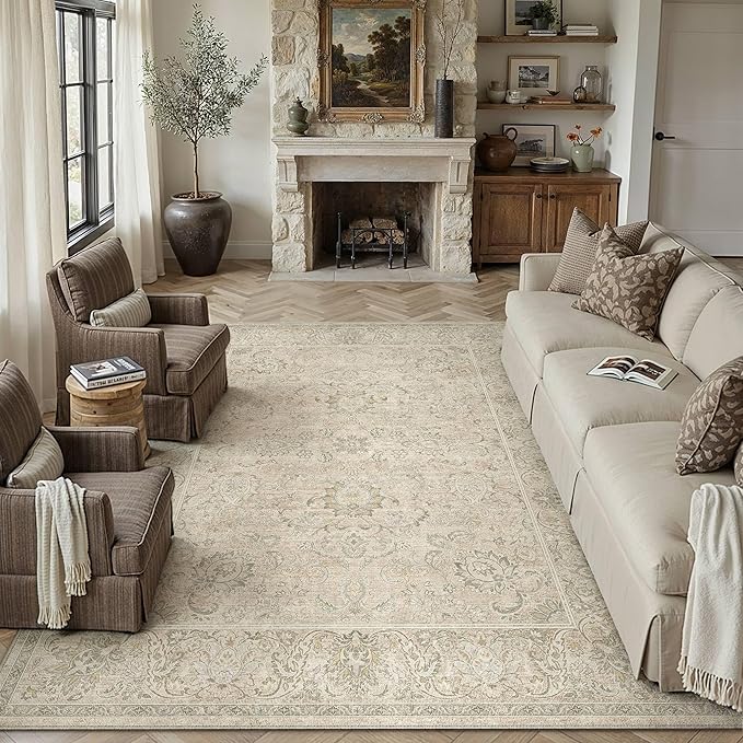 HUGEAR 8x10 Machine Washable Area Rugs Vintage Beige - Neutral Living Room Bedroom Rug Non Slip Stain Resistant Low Pile Aesthetic Throw Carpet Kids & Pet Friendly