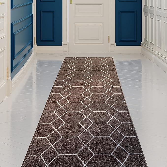 Custom Made Runner Rug for Kitchen Foyer Hallway Entry Choose Your Length Size 26 Inch Wide Geometric Lattice Design Brown Color (30 feet x 26 inch)