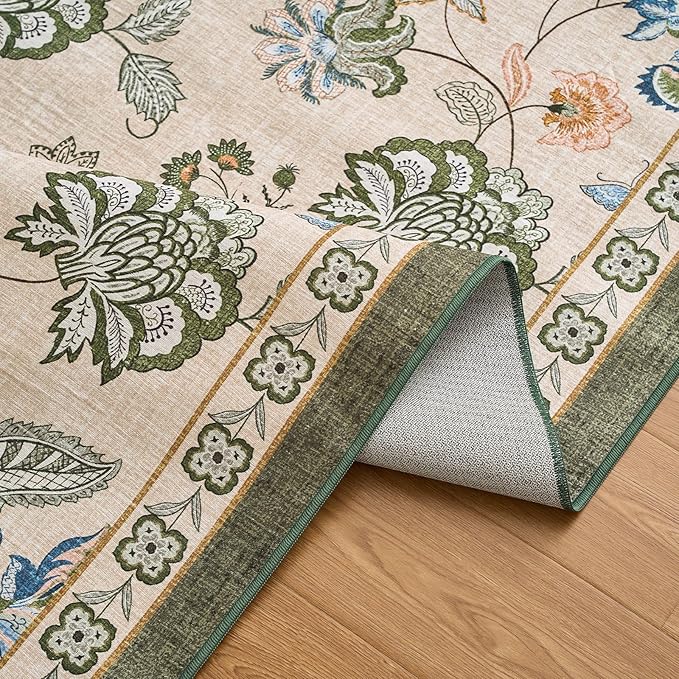 jinchan Elora Floral Corner Rug for Kitchen Washable Nursery Rug Vintage Romance Design Non Slip Quarter Circle Lightweight Low-Pile Throw Carpet for Playroom Reading Nook, 5ft Radius, Green/Beige