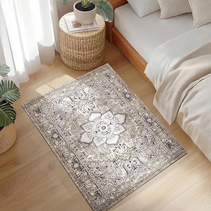 PURRUGS Vintage Farmhouse Boho Throw Rug 2x3 ft, Non-Slip Machine Washable Rug, Accent Oriental Area Rug for Entryway, Kitchen, Bedroom, Living Room and Dining Room, Taupe/Vanilla
