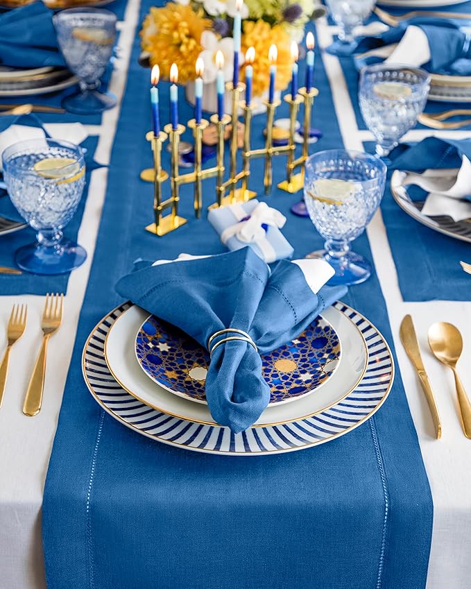 Solino Home Linen Indigo Blue Table Runner 72 Inches Long - 100% Pure Linen Hemstitch Table Runner 14 x 72 Inch for Dresser, Dining, Winter, Christmas, New Year - Classic Hemstitch