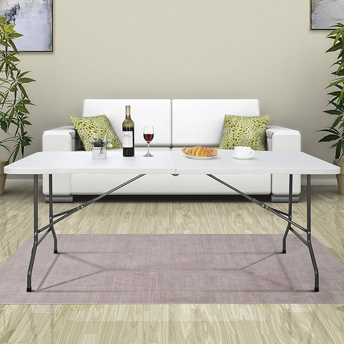 Folding Event Table, Heavy Duty Picnic Table Indoor Outdoor Camping, 6FT Portable w Handle Lock for Banquet, White