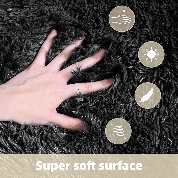 3x5 Solid Fluffy Black Area Rug – Washable, Durable, Living Room Rug, Non-Slip High Pile Shag Rugs for Bedroom, Living Room, Bedside, Dorms, Nursery Rooms, Kids Room, Soft Indoor Floor Carpet