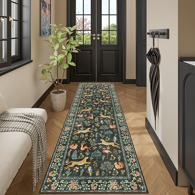 DUKINO 2x6 Rug for Hallway, Washable Kitchen Runner Rug with Non Slip Backing, Soft Low Pile Vintage Animal Runner for Bedroom, Kitchen, Hallway, Entryway, Laundry, Black