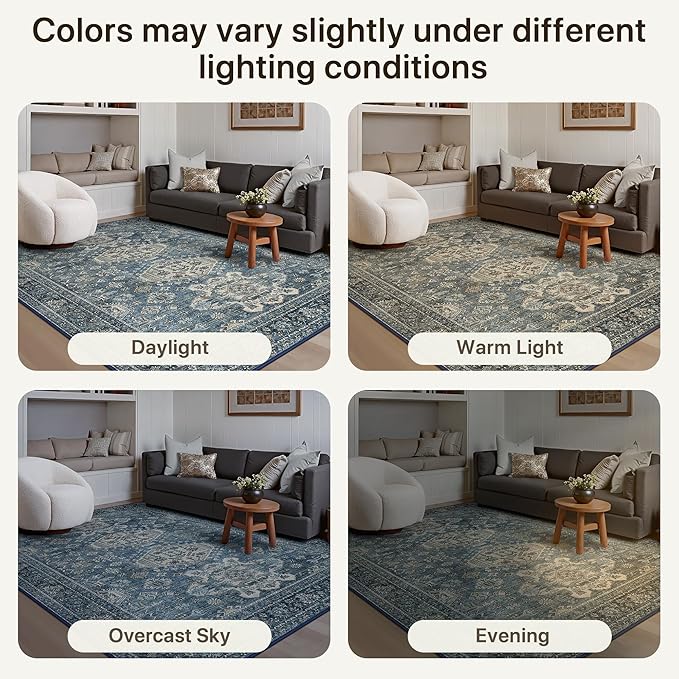 Bavni Washable Runner Rug 2x7, Non Slip Long Hallway Rug, Vintage Print Low Pile Ultra Thin Washable Carpet for Kitchen Bedroom, Blue