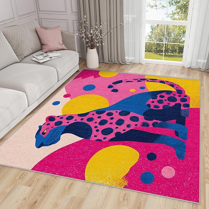 Leopard Large Area Rug - 7x10 Rug - Colorful Abstract Geometric Animal Pop Art Rugs for Living Room Non Slip Low Pile Machine Washable Area Rugs, Leopard Carpets Home Decor & Gifts