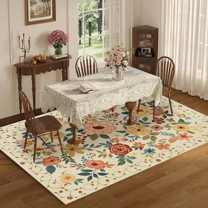 DUKINO 9x12 Area Rug, Floral Rugs for Living Room, Lightweight Non Slip Washable Rug, Indoor Low Pile & Non-Shedding Boho Design Rugs for Bedroom, Living Room, Dining Room, Beige Yellow