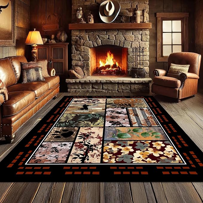 Rustic Cabin Area Rug 6x8ft, Animal & Moroccan Plaid Pattern Vintage Boho Carpet, Stain-Resistant Pet-Friendly & Non-Slip Low Pile for Living Room, Bedroom, Dining Room