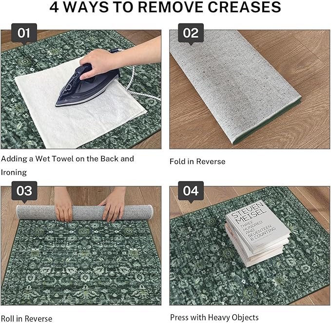 Vintage Runner Rug 3x10, Dark Green Washable Kitchen Runner Non-Slip Soft Hallway Rug Runner Floral Thin Print Faux Wool Carpet for Entryway Bedroom Laundry Room Indoor Home Office Decor