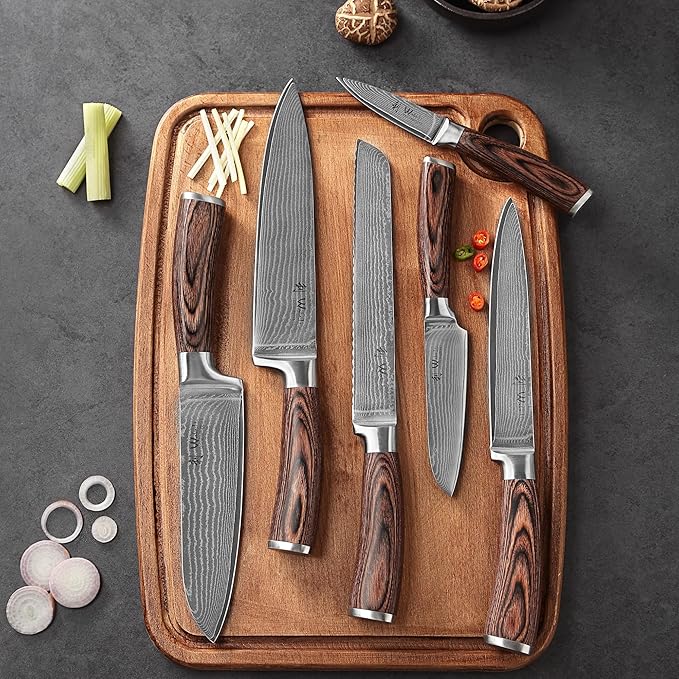 Wakoli EDIB Damascus Chef Knife Set, VG10 Core Blades, 6-Pcs Kitchen Knives