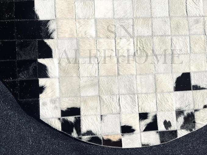 Round Geometric Patchwork Cowhide Leather Area Rug (4×4 ft) – Non-Slip Modern Faux Cowhide Carpet for Living Room, Bedroom, Kids Playroom, Lounge, Office & Home Decor (Black & White)