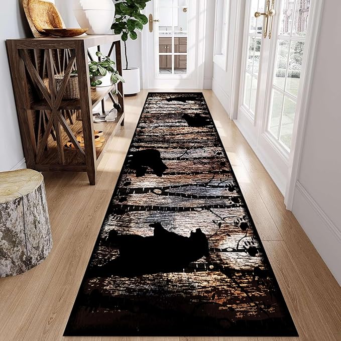 Wildlife Bear Runner Rug, 2.6x7ft, Vintage Wood Grain Wild Animal Black Bear Corridor Carpet, Non-Slip Washable Long Runner Rug for Farmhouse, American Country Wood Floor Entrance Rug Door Mat