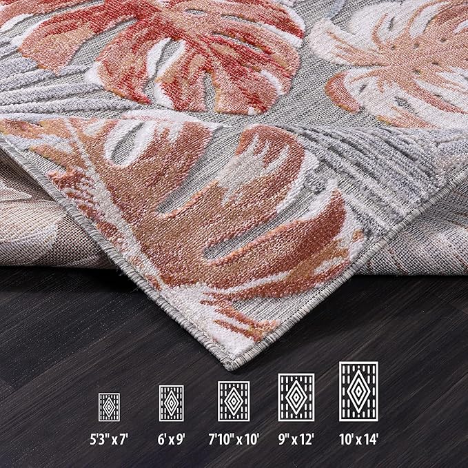 CAMILSON Indoor Outdoor Rug, Mult 10’x14’ Leaf Tropical Botanical Area Rugs for Indoor and Outdoor patios, Easy-Cleaning Non-Shedding Living Room, Garden and Kitchen Washable Outside Carpet (10x14)